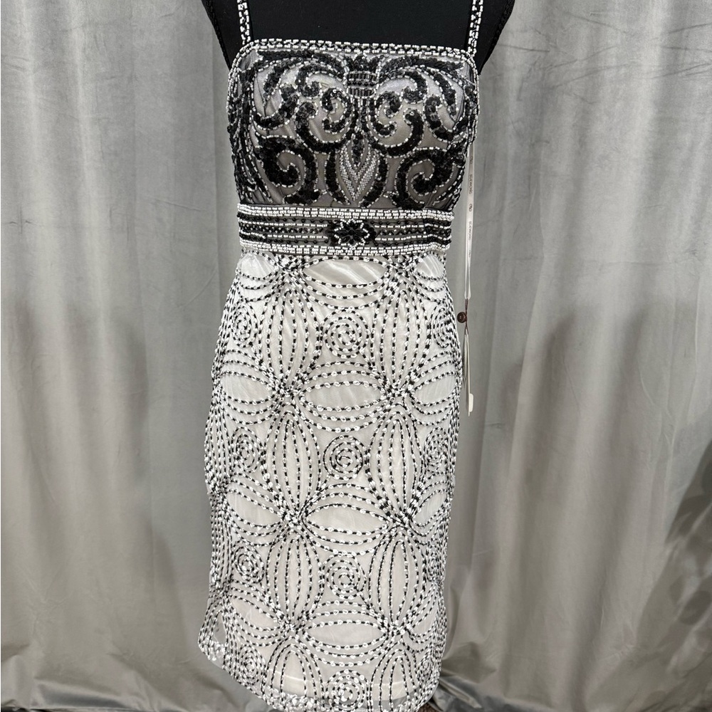 Sue Wong Black and White Beaded Mini Dress